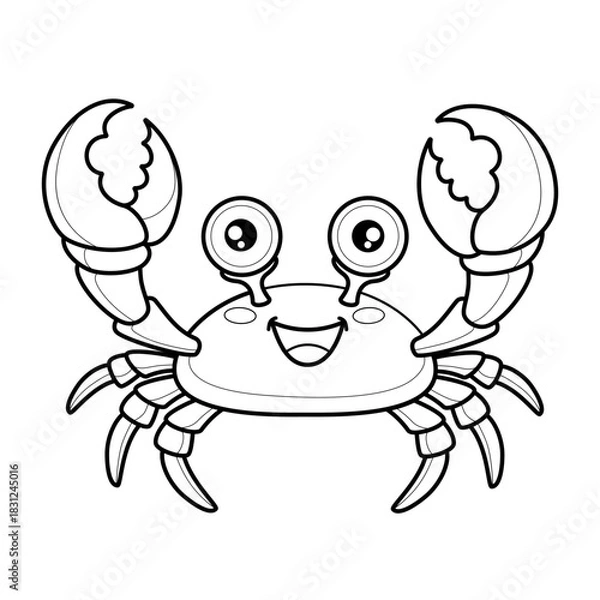 Fototapeta Black and white digital illustration of a smiling cartoon crab with bold outlines, designed as a printable worksheet and coloring page. Perfect for children’s educational materials, activity books