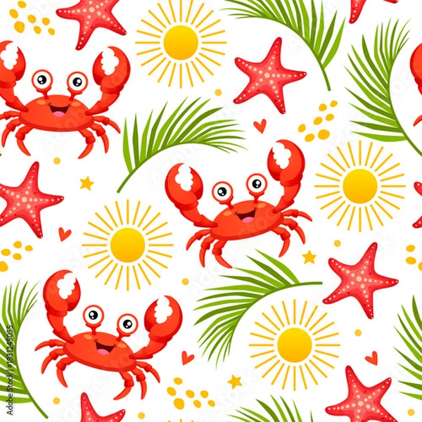 Fototapeta Vector cartoon tropical summer seamless pattern with exotic leaves, smiling crab characters, glowing sun, sea stars, and decorative elements isolated on a white background. 