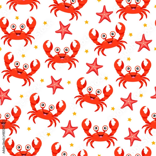 Fototapeta Vector seamless pattern featuring cute cartoon crab characters, starfish, and decorative star shapes on a white background. Perfect for children's designs, nursery decor, summer-themed projects, etc.