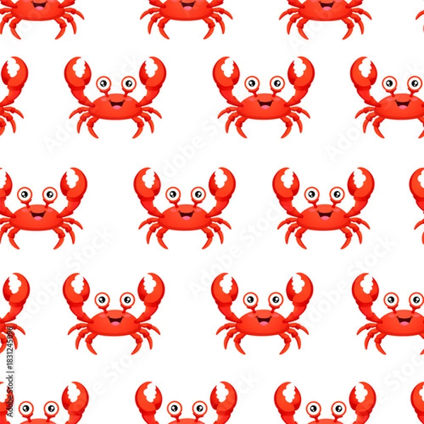 Fototapeta Vector seamless pattern featuring cute cartoon crab characters, arranged in a grid pattern isolated on a white background. Perfect for children's designs, nursery decor, summer-themed projects, etc.