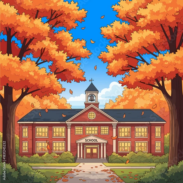 Obraz Classis school building with a central clock tower and bell