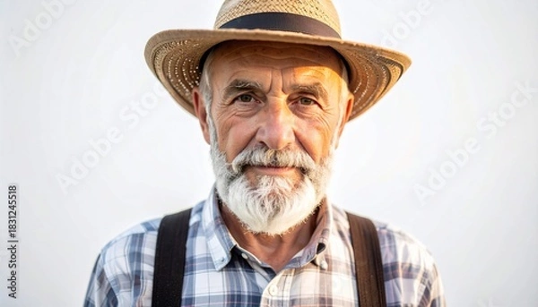 Fototapeta Portrait of a senior man wearing a straw hat, close-up with a neutral background