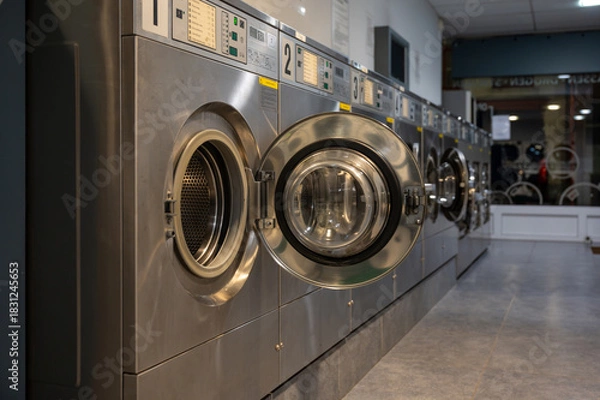Fototapeta Row of washing machines in Public laundromat