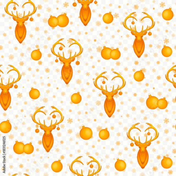 Fototapeta Seamless golden Christmas pattern with deer, Christmas balls, and snowflakes on a transparent background. Vector illustration.