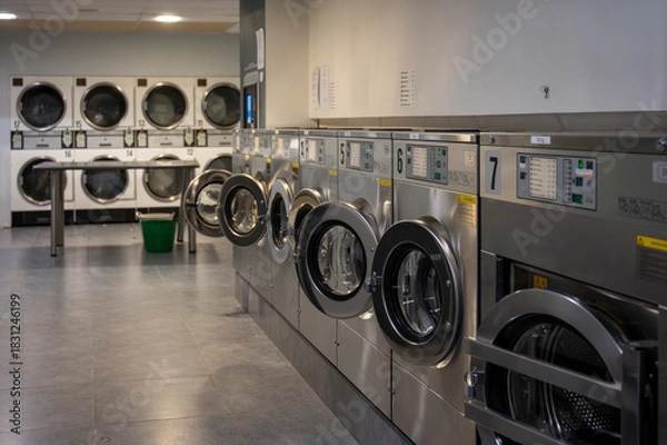 Fototapeta Row of washing machines in Public laundromat