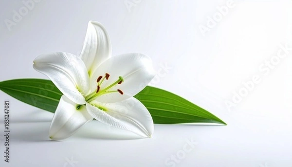 Fototapeta Elegant White Lily Bloom and Vibrant Green Leaf on a Pristine White Background