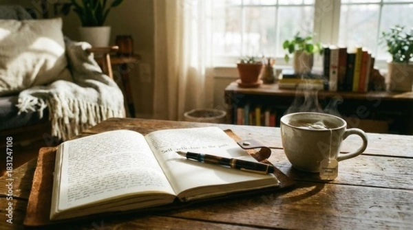 Fototapeta open journal and steaming cup of tea on rustic wooden table in cozy living room