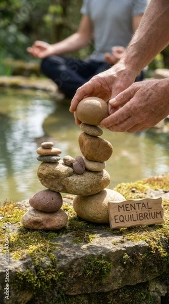 Fototapeta hands balancing stack of stones by garden pond with sign showing mental equilibrium