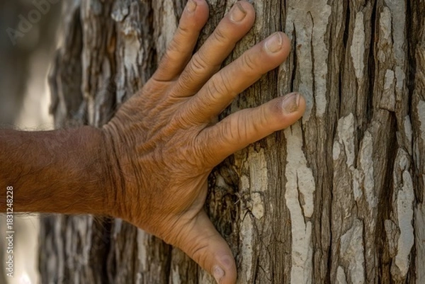 Fototapeta close up of adult hand touching rough tree bark in forest nature connection concept