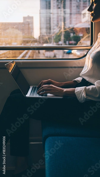 Fototapeta Woman working remotely on a train at sunset. Concept for modern lifestyle, productivity, commuting. Evokes flexibility and worklife balance.