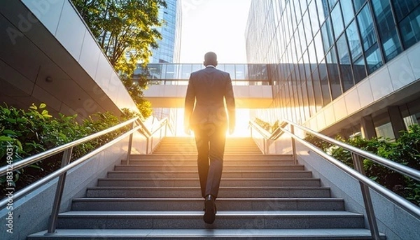 Fototapeta A person in a suit climbs stairs with bright sunlight in a modern urban environment