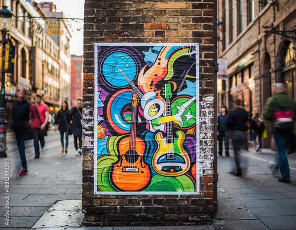 Obraz Urban art vibrancy Colorful poster of musical instruments on a weathered brick wall, street scene. Evokes creativity, passion, urban culture, music scene.