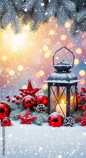 Obraz Lantern with candle siting in the snow surrounded by festive red Christmas ornaments