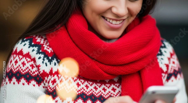 Obraz Close-up of a young woman with a red knitted scarf and festive Christmas sweater typing or reading messages on a smartphone during the holiday season