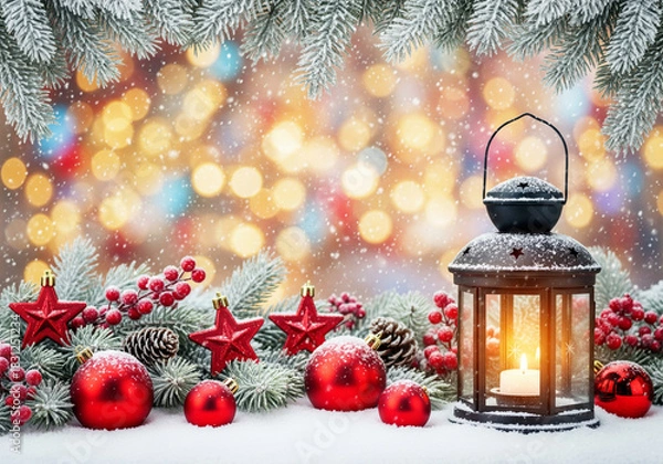 Obraz Lantern with candle siting in the snow surrounded by festive red Christmas ornaments
