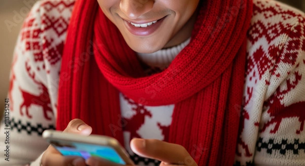 Obraz Close-up of a young woman with a red knitted scarf and festive Christmas sweater typing or reading messages on a smartphone during the holiday season
