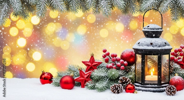 Obraz Lantern with candle siting in the snow surrounded by festive red Christmas ornaments