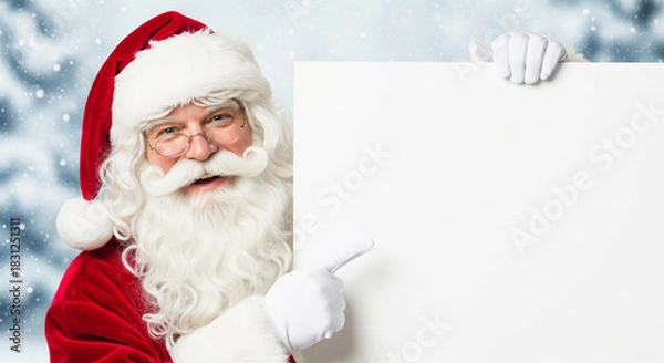 Obraz Santa Claus in a red suit with a large and blank white sign for Christmas messages on a snowy winter background