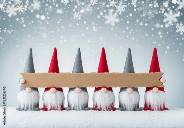 Obraz Christmas gnomes standing in a snowy landscape, holding a blank sign for messages