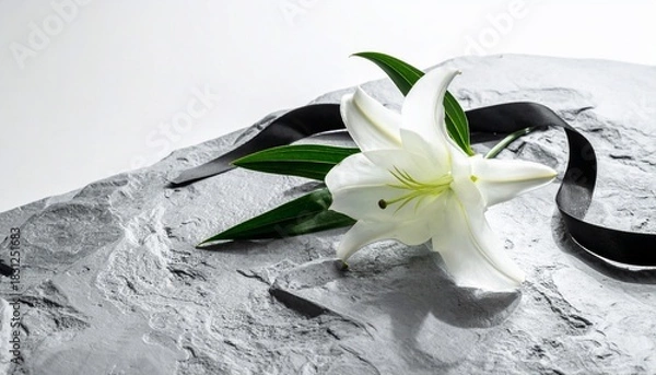Fototapeta Elegant white lily with black ribbon, symbolizing mourning and remembrance in high contrast
