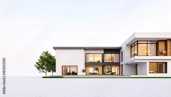 Fototapeta Modern luxury house exterior architectural rendering with large windows, contemporary design, warm interior lighting, and lush greenery on a clean white background.