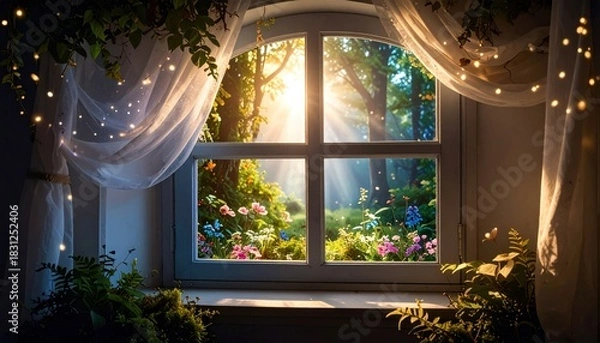 Fototapeta Magical window view of a sunlit garden with colorful flowers, sheer curtains, and fairy lights.