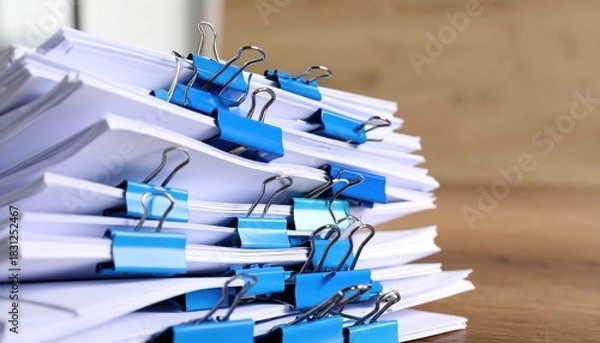 Fototapeta Large stack of white papers fastened with blue binder clips, signifying extensive office paperwork and document organization.
