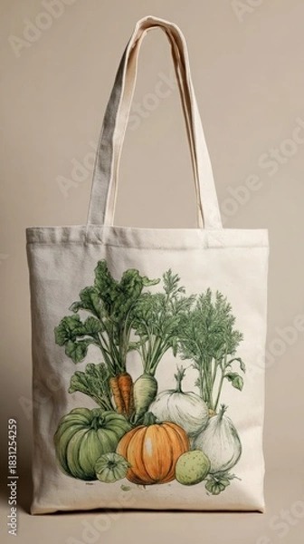 Fototapeta Reusable natural fabric tote bag stands, showcasing vibrant vegetable harvest illustration design.