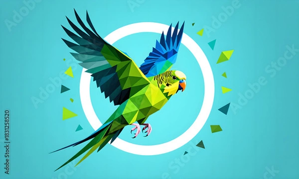 Fototapeta Vibrant low poly budgerigar flying with spread wings on an abstract turquoise background.