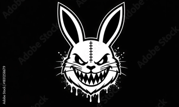 Obraz Edgy cartoon rabbit head vector with menacing grin and paint splatter on black background