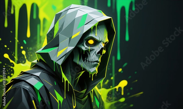 Fototapeta Eerie hooded skull with glowing eyes and polygonal features amidst neon green drips