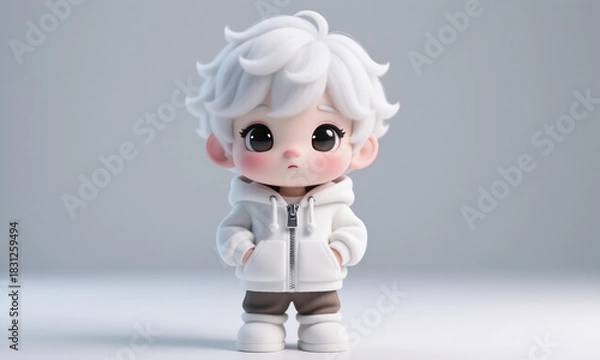 Obraz Cute Chibi Boy Character with White Fluffy Hair Standing Confidently on a Clean Background