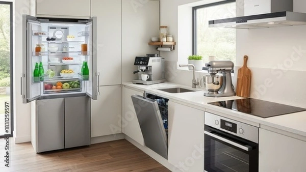 Fototapeta Modern kitchen with open refrigerator and stainless steel appliances