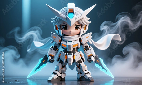 Obraz Adorable anime chibi warrior in futuristic white armor holding glowing swords in misty blue environment.