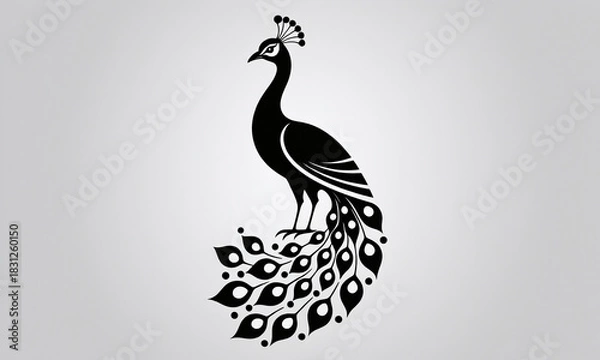 Fototapeta Elegant Black Silhouette Peacock Vector Illustration with Fanned Tail Feathers on a Minimalist Background