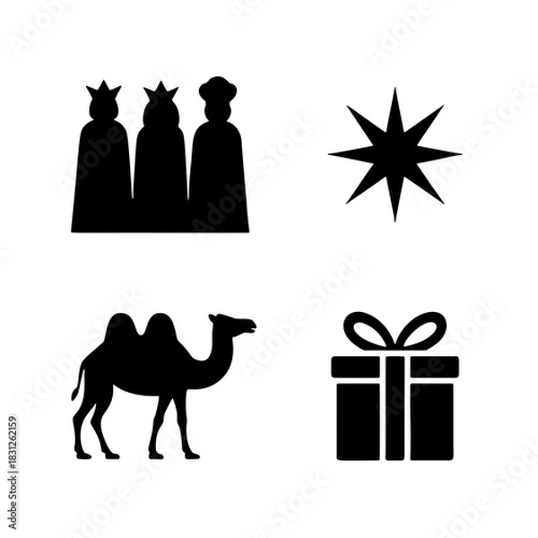 Obraz Silhouette of the Three Wise Men: A minimalist, high-contrast illustration showcasing the symbolic essence of the story, featuring the silhouette of the Three Wise Men, a guiding star, a camel.