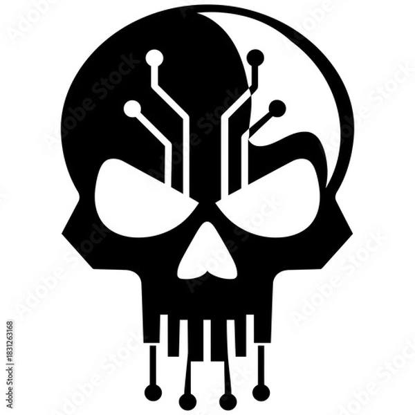 Obraz Vector Art Minimalist Black and White Circuit Board Skull Design for Tattoo Emblem or Logo