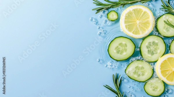Obraz Lemon and cucumber slices with rosemary on blue background