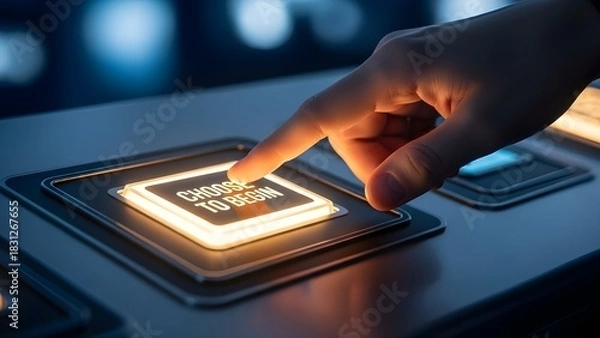 Fototapeta A finger gently presses an illuminated 'Choose to Begin' button on a sleek, futuristic interface, conveying a sense of anticipation and initiation with a captivating blue and golden color palette.