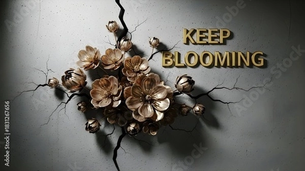 Fototapeta A motivational composition displaying golden flowers emerging from a cracked wall, accompanied by the gilded words 'Keep Blooming', conveying a message of perseverance and growth 