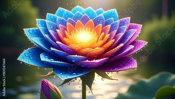 Fototapeta A vibrant and stylized lotus flower blooms with petals transitioning from blue to orange to purple, adorned with shimmering water droplets, creating a magical and ethereal feel 