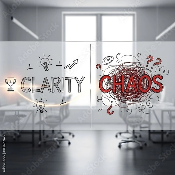 Fototapeta A visual representation contrasting the concepts of clarity and chaos is displayed in a modern office space, illustrating opposing states of mind and their effects on productivity 