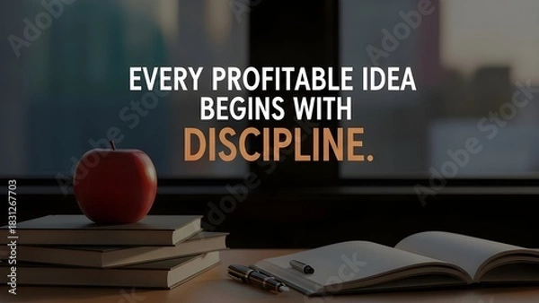 Fototapeta A motivational composition featuring an apple atop books, an open notebook with pen, and the phrase 'Every profitable idea begins with discipline', creating a scene of studious determination 