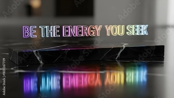 Fototapeta A vibrant and uplifting message, 'Be The Energy You Seek', glows with neon colors above a sleek, reflective black marble surface, creating a motivational atmosphere through its luminous text 