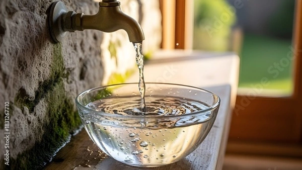 Fototapeta A gentle stream flows from a vintage brass tap, filling a clear glass bowl with sparkling water, set against a moss-covered stone wall that evoke a sense of natural tranquility and simple elegance,