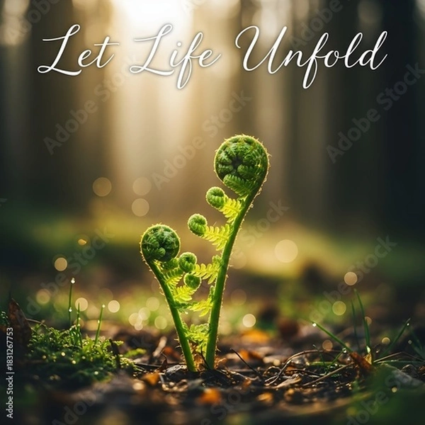 Fototapeta A serene, low-angle shot captures two vibrant, unfurling fern fronds bathed in soft, golden sunlight, symbolizing growth and new beginnings against a blurred forest backdrop evoking tranquility 