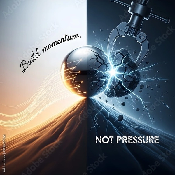 Fototapeta A visually striking conceptual image comparing momentum and pressure, split into contrasting warm and cool tones, showcasing a sphere with glowing trails symbolizing momentum and a cracking rock