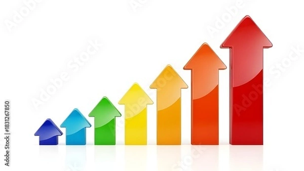 Fototapeta A vibrant and visually compelling illustration showcases a series of progressively larger arrows, each rendered in a different color, symbolizing growth, progress, and upward trends