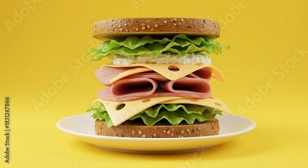 Fototapeta Tall layered sandwich with ham cheese lettuce on white plate yellow background bread