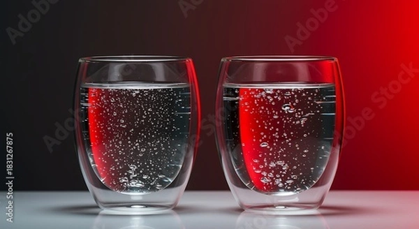 Fototapeta Two clear glasses filled with sparkling water and red light reflection two glasses double wall glass